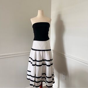 Cache Midi A-line White Skirt with Navy Blue Horizontal Stripes // size 8